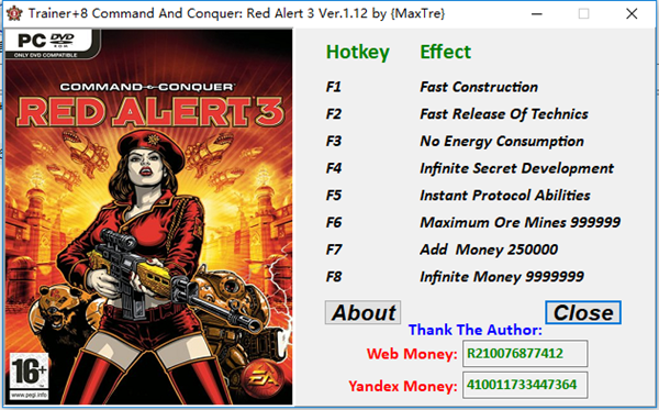 红色警戒3八项修改器 v1.12 MaxTre版