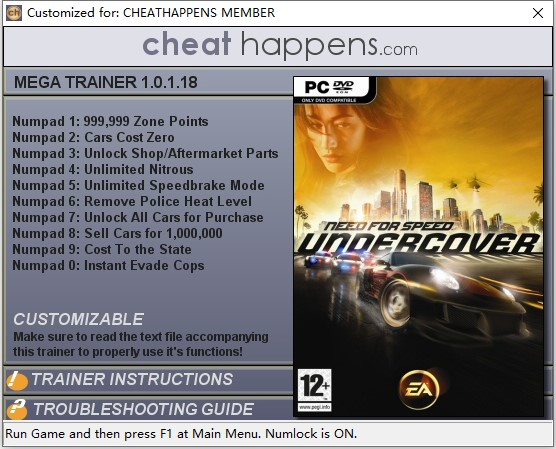 极品飞车12十项修改器 v1.0.1.18 CHEATHAPPENS版