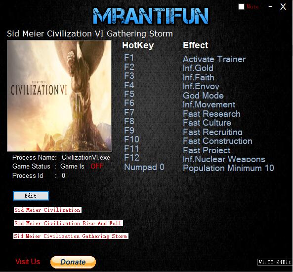 文明6风云变幻十二项修改器 v1.0.0.290 MrAntiFun版